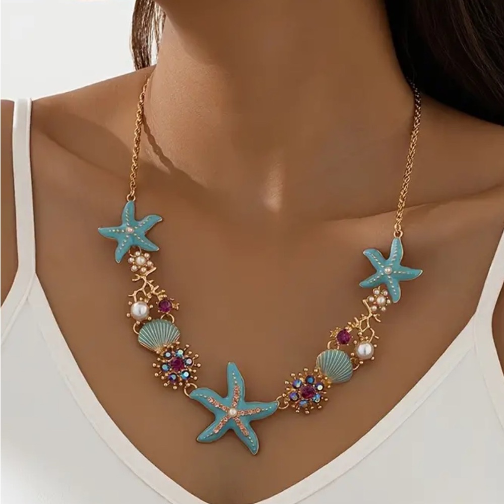 Chic Beach Turquoise Starfish Rhinestone Pearl Mermaid Seashell Necklace NEW! - Picture 7 of 7